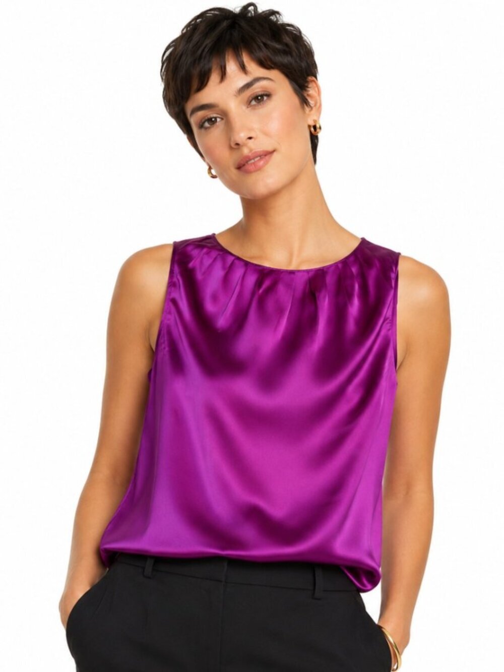 Maria Pinto Magenta Silk Charmeuse Pleated Sleeveless Top